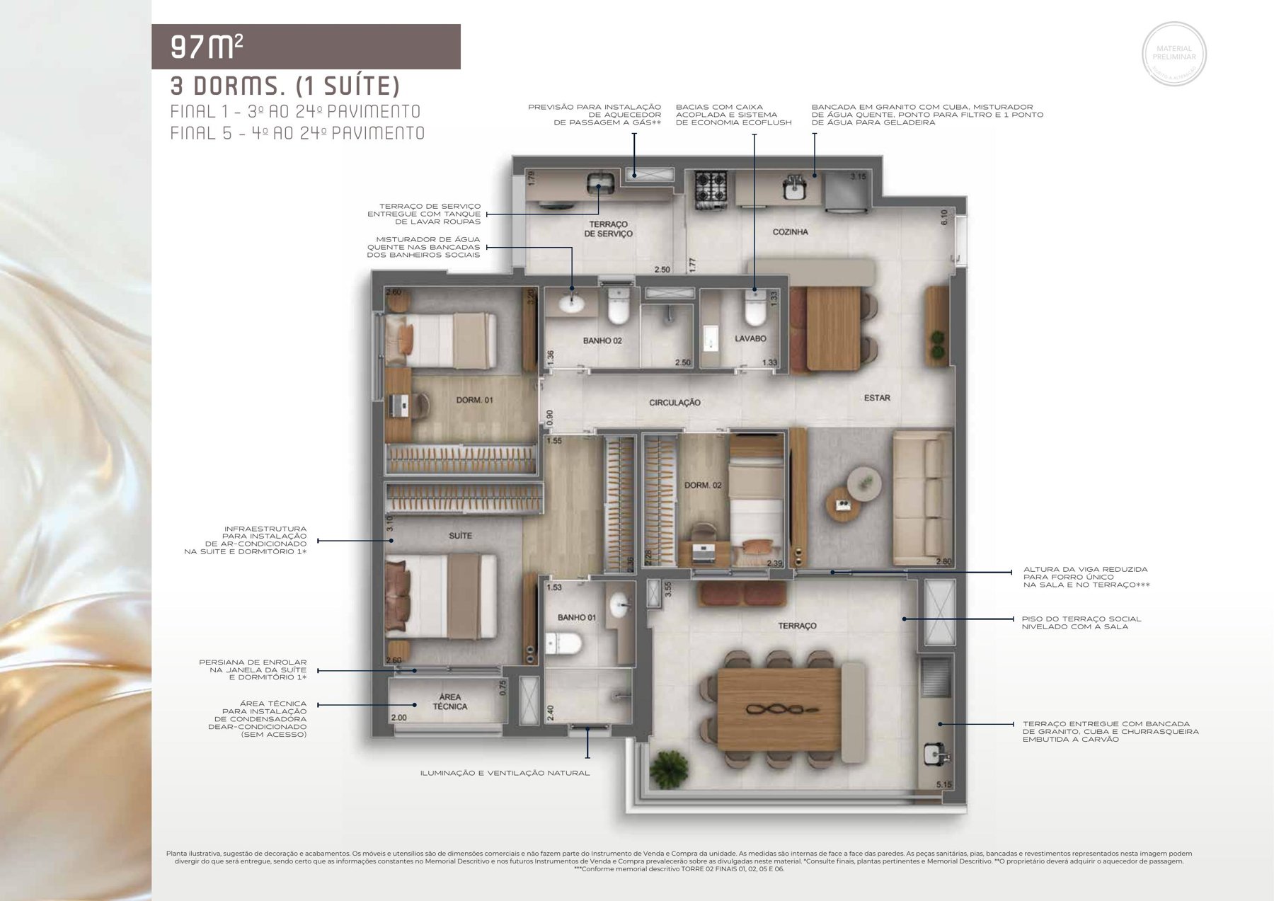 Planta ilustrativa do apartamento de 97 m² com 3 dormitórios e 1 suíte