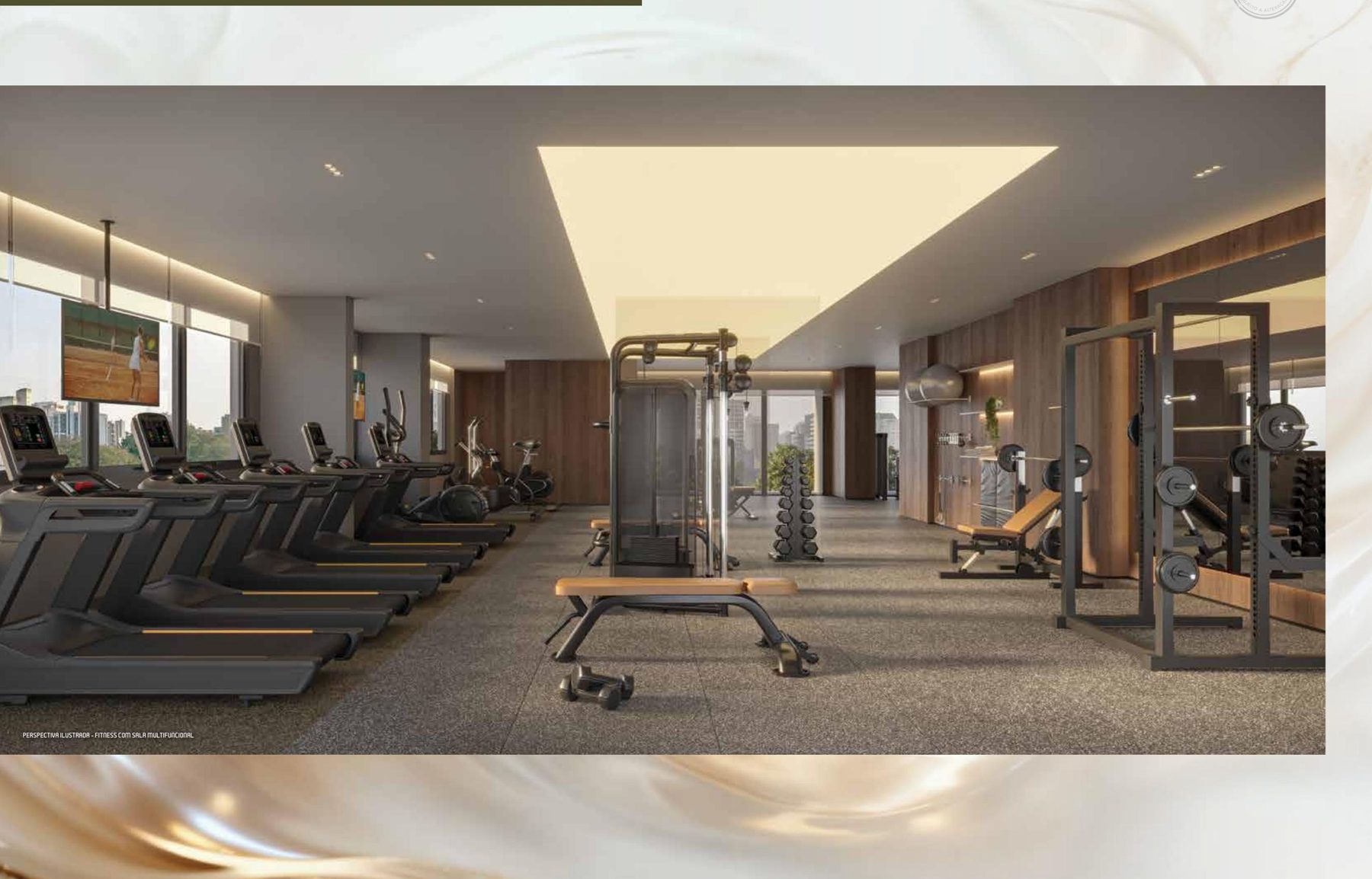 Perspectiva ilustrada do fitness com sala multifuncional